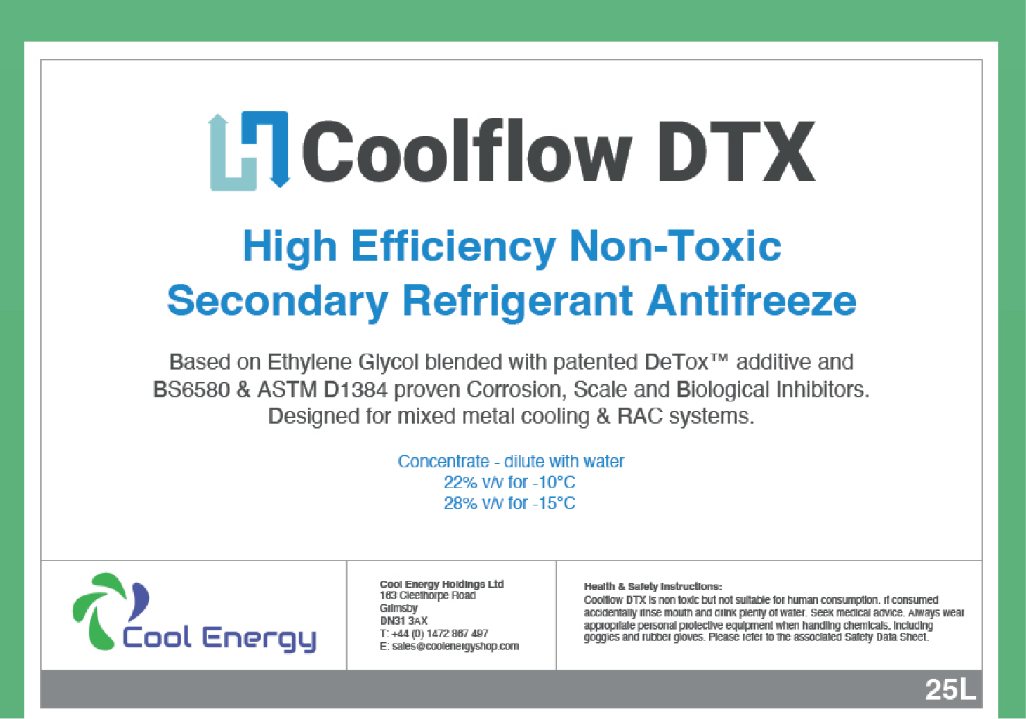 Líquido de transferencia de calor y anticongelante de glicol inhibido Coolflow 25L DTX