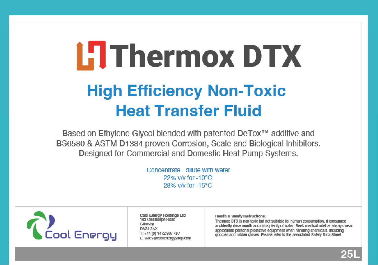 Líquido de transferencia para bomba de calor con fuente de aire y tierra con glicol inhibido Thermox 25L DTX